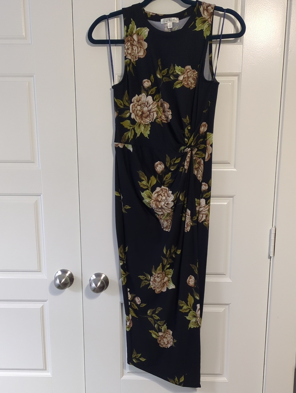 nine britton Black Maxi Dress with Beige Floral and Olive Leaves